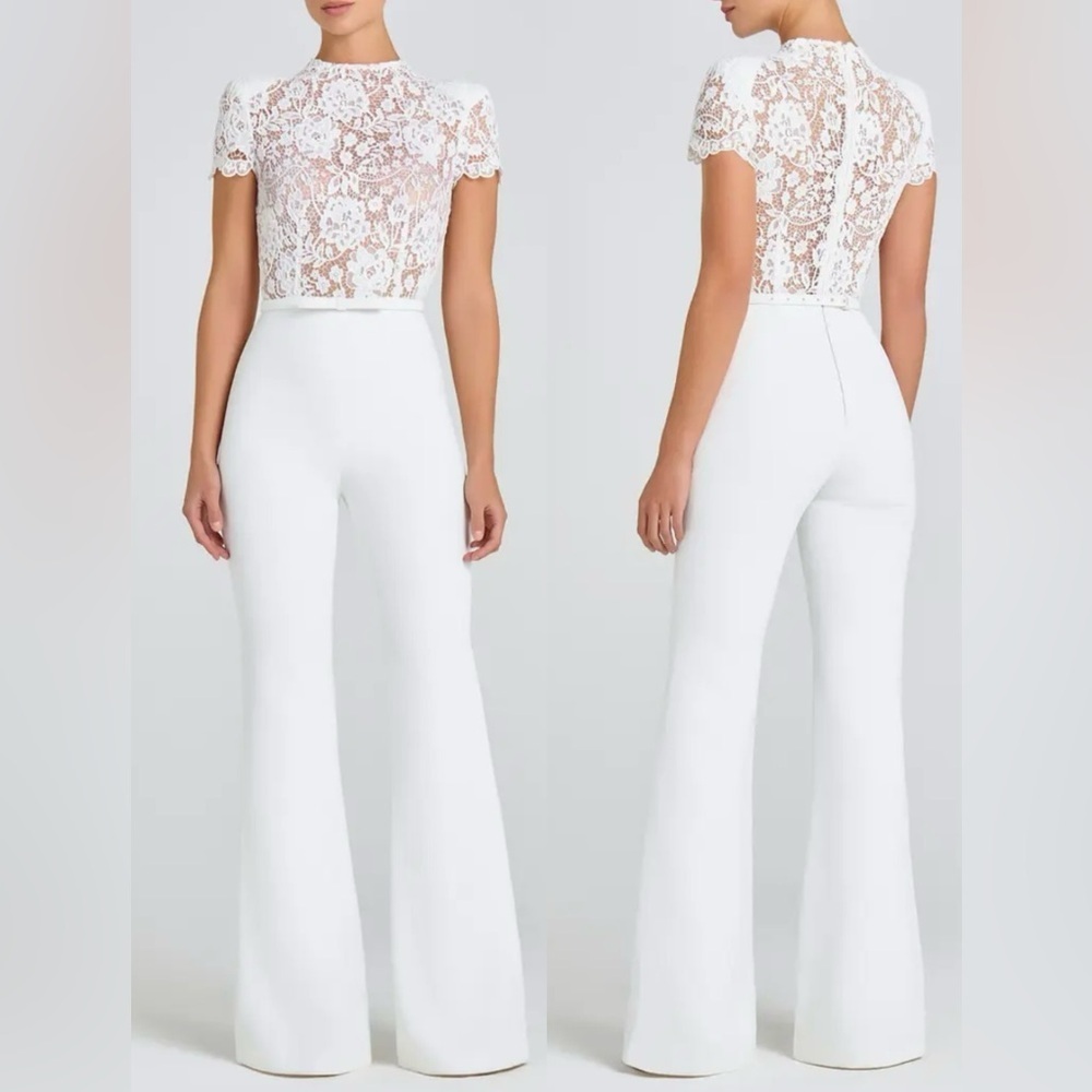 NEW NADINE MERABI Hattie White Lace Short Sleeves Belted Jumpsuit sz 10 L